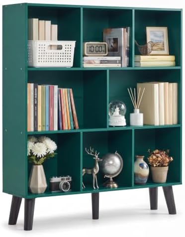 YAHARBO 8 Cube Bookshelf,3 Tier Bookcase with Legs,Dark Green Mid-Century Modern Bookshelves,Large Free Standing Open St