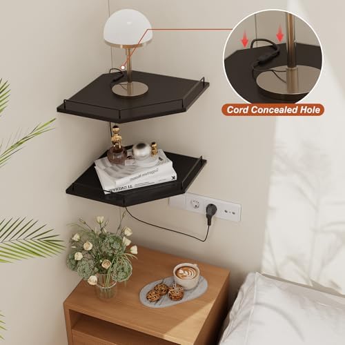 JJL Corner Shelf Wall Mounted, 12 Inches 2-Tier Floating Corner Shelf, Hexagon Rustic Wood Decor with Fence, Black Wall 