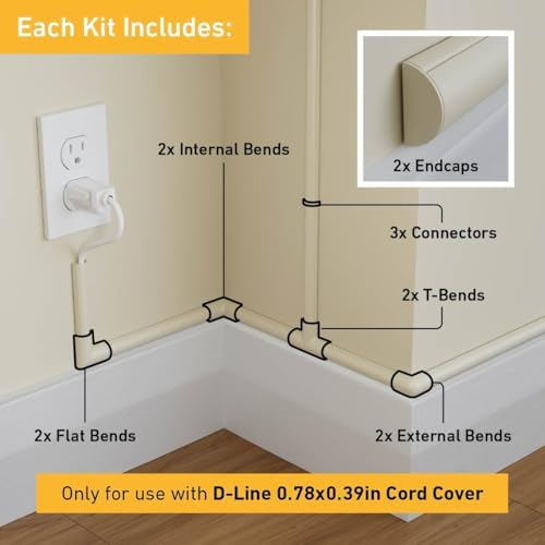 D-Line Small Cable Raceway Accessory Pack, Join 0.78in x 0.39in Cord Cover Lengths, 13 Accessories Included, Hide Cords 