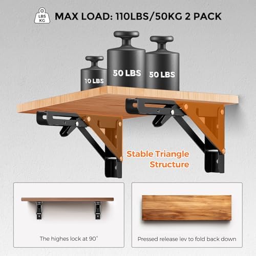 JOY DECOR Matte Black Folding Shelf Brackets, 8 Inch, 4 Pack