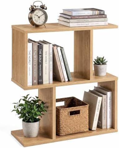 GIANTEX 3-Tier Wood S-Shaped Geometric Bookshelf, Natural