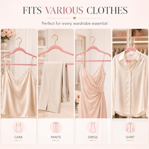 Smartor Pink Velvet Hangers 50 Pack, Non Slip Rose Gold Hook Felt Hangers