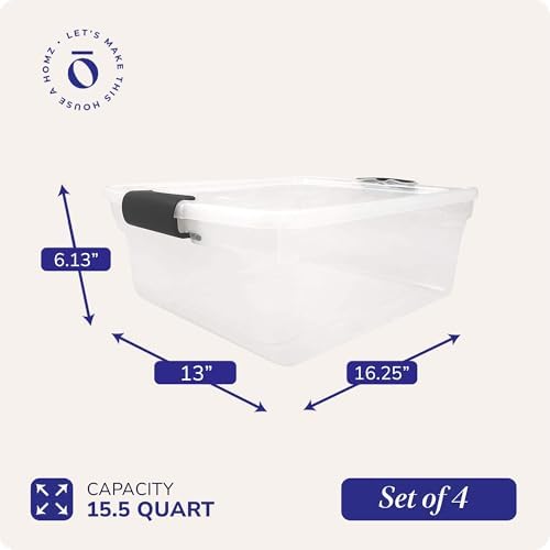 HOMZ Clear Plastic Storage Bins with Latching Lids, 15.5 Qt, Gray, 4 Pack