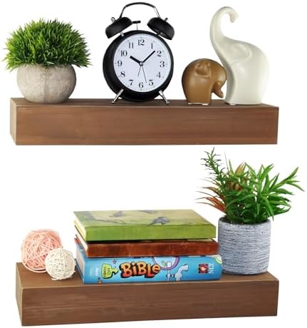 Wall-Mounted Floating Shelves - Set of 2, Solid Wood Teak Brown, 16.5” W x 6” D x 2.5” H - Rustic Decorative Storage for
