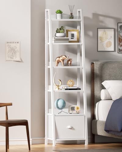 Furologee 6 Tier Ladder Shelf, Tall Ladder Bookshelf with Fabric Drawer