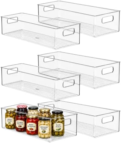 Plastic Food Storage 6 Pack Clear Container Bin with Handles for Organizing Kitchen, Pantry, Refrigerator, Freezer, Pant