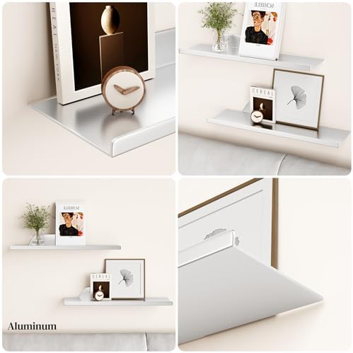 Floating Shelves for Wall, Off Center Metal Shelves for Living Room, Silver Floating Shelves for Wall Decor, 16” Hanging
