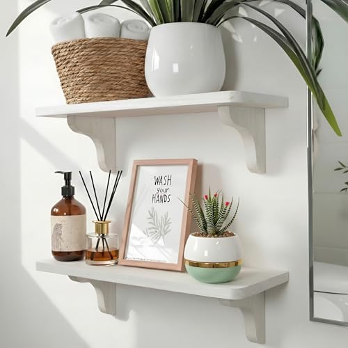 Real Wood White Wall Shelves for Bathroom - 17 inch (2 Pack) - Easy to Install, Template and Video Included - Long Wall 