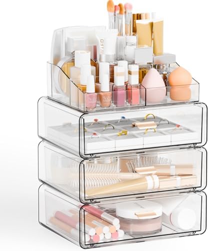 Yieach Clear Acrylic Makeup Organizers Countertop for Dresser,Desk,Bathroom Vanity,4 Tier Stackable Make up Holders and 