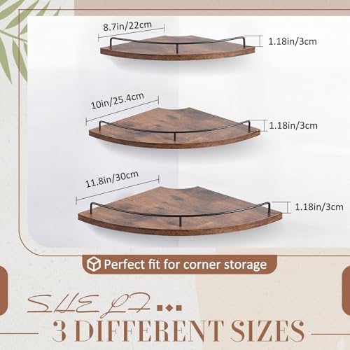 Novabright Corner Floating Shelf Set of 3 Rustic Brown Wood 9/10/12 in