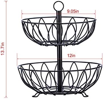 2 Tier Fruit Basket Bowl, Vegetable Organizer, Metal Black