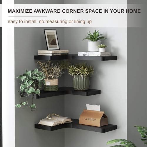 fuqing Corner Floating Shelves for Storage, Set of 3, Solid Wood, Wall Mount Wooden Display Shelf for Bathroom Bedroom K