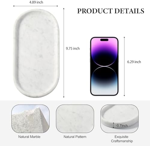 Koville Natural White Marble Tray for Home Decor, 10" x 5" Marble Vanity Tray for Bathroom Countertop Organizer Stone Tr