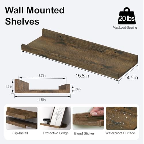 Brown Floating Shelves for Wall Decor, 16 in Shelf with Lip Set of 2