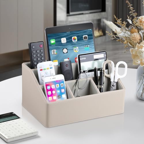 PU Leather Desk Organizer, Remote Control Holder, Dark Beige