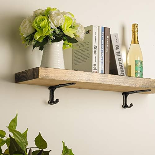 Metal Wall Shelf Brackets 8 Inch with Hooks Heavy Duty Brackets for Floating Shelves, Cast Iron Shelf Bracket Black 2 Pa