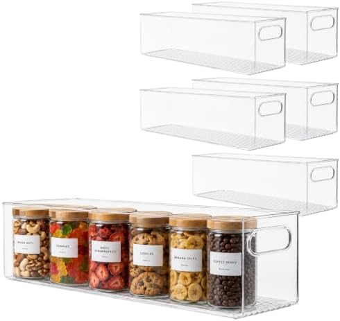 primebox Plastic Food Storage 6 Pack Clear Container Bin with Handles for Organizing Kitchen, Pantry, Refrigerator, Free