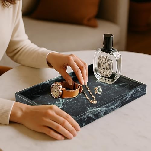 Koville Natural Marble Tray, Coffee Table Vanity/Decorative Tray for Jewerly, Watch, Perfume Candle Storage for Bedroom/