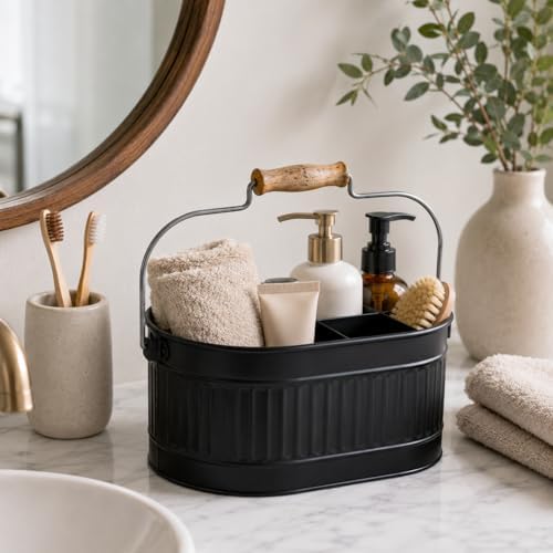 4 Compartment Metal Flatware Caddy Wooden Handle Rustic Utensil Organizer