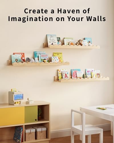 Nursery Book Shelves, Set of 3, Nursery Decor for Baby and Toddler, Scalloped Shelves, Book Shelf for Kids Rooms, Wall B