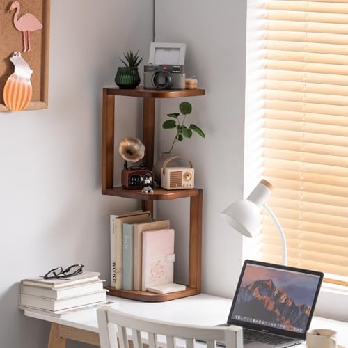 Corner Shelf Stand Desk Organizer,26.8" H Rubberwood Brown Rack for Small Spaces, Bedroom,Home Office,Kitchen,Bathroom (