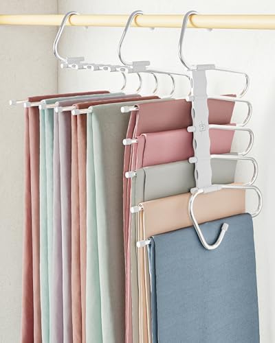 MORALVE Pants Hangers Space Saving - 2 Pack - Non-Slip Multi-Layer Space Saving Hangers - Multifunctional Clothing Rack for Closet Storage - Ideal for Jeans, Trousers, Skirts, Scarves & Slacks (White)