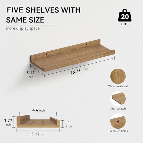 RICHER HOUSE 5-Set Floating Shelves with Lip, Oak Wall Mounted Wood Shelf
