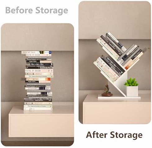 R RUISHENG 3 Tier Small Tree Bookshelf Storage Organizer Shelves Floor Standing Bookcase Desk Wood Storage Rack for Home