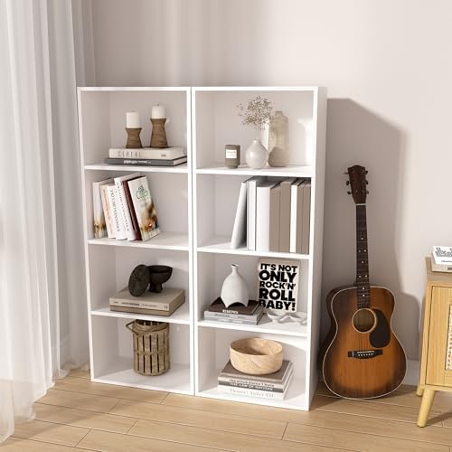 Wooden 4 Cube Storage Organizer, 4 Tier Tall Modern Bookshelf Freestanding Storage Display Organizer, Versatile Cubes Sh