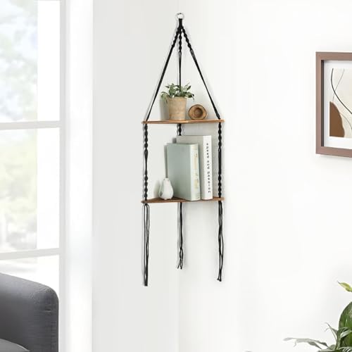 Artilady Corner Shelf Macrame Wall Hanging Balck, Boho Wood Storage Decor
