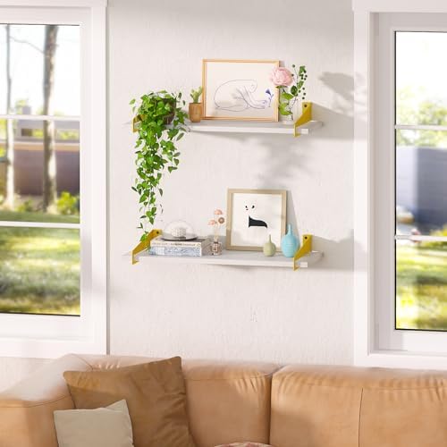 upsimples Wall Shelves for Decor, Long White Gold Floating Shelves Wall Mounted Set of 2, Sturdy Rustic Wood Shelves Han
