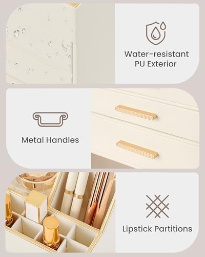 Lolalet Makeup Organizer for Vanity Desk, 3-Layer PU Leather Luxury Make Up Storage Cosmetics Holder Box with Drawers -B