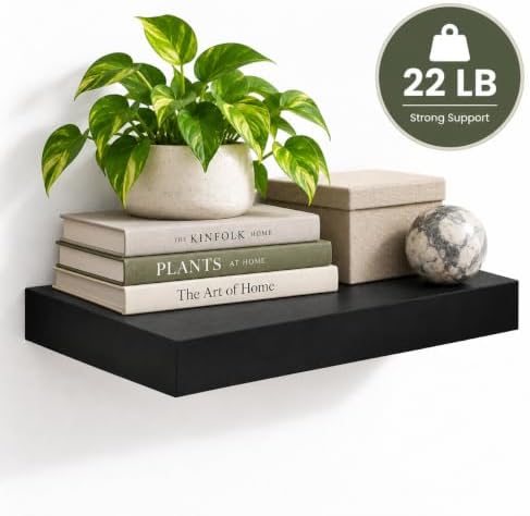 WELLAND 16 inch Black Mission Floating Shelves for Wall, Bathroom Wall Mount Shelves, Wood Modern Display Shelves, Book 