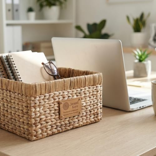 Handmade Water Hyacinth Wicker Storage Basket with Handles – Rectangle Organizer Bin for Shelves, Blanket, Bathroom, Clo