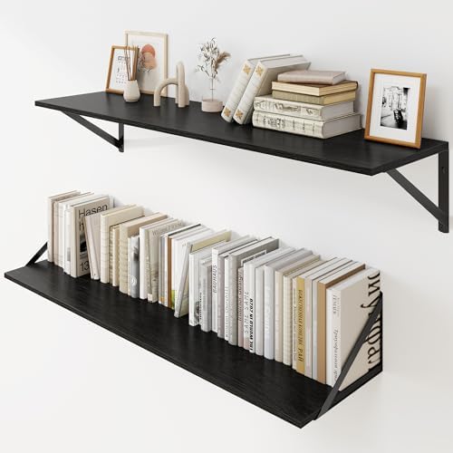 Heimlove Black Deep Floating Shelves for Wall, 36W x 8D Wood Wall Shelves Set of 2, Wide Floating Bookshelf for Living R