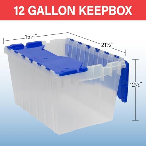 Akro-Mils KeepBox 12 Gal Storage Box, Lid Attached, Stackable, Clear/Blue
