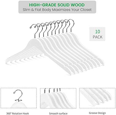 Nature Smile Wooden Coat Hangers Wood Shirt Dress Jacket Clothes Hangers with Extra Smooth Finish, 360 Degree Swivel Hook(10pcs White)