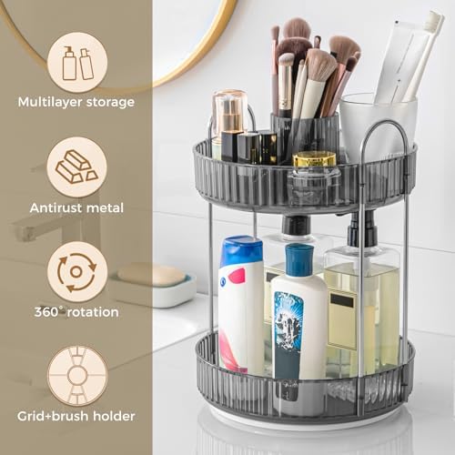 360° Rotating Makeup Organizer, Upgraded 2 Tier Skincare Perfume Organizers for Women, Bathroom Organizer Countertop, Cl