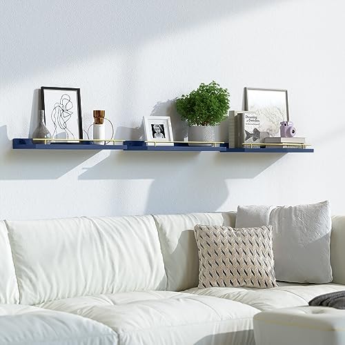 WOPITUES Floating Shelves for Wall Decor Set of 3, Gold in Navy Blue