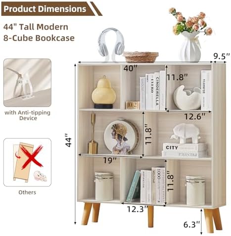LEYAOYAO 8 Cube Bookshelf,Mid-Century Modern Bookcase with Legs,Light Grey