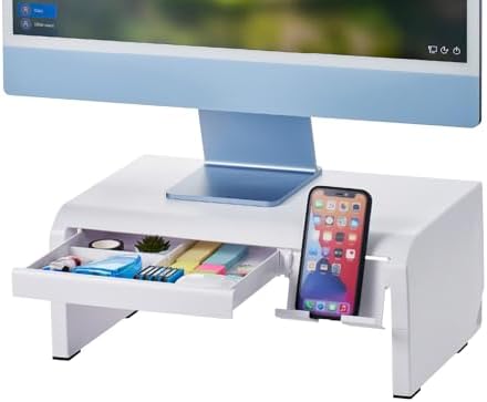 Bostitch Konnect Adjustable Monitor Riser with Drawer & Cell Phone Holder, Laptop Stand for Desk, 4 Height Levels, Cable