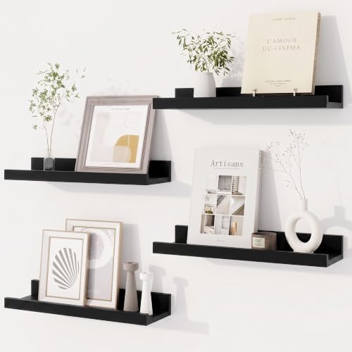 Dreamland Picture Ledge Shelf for Wall, Floating Shelves Set of 4,16 inch Long Floating Shelves with Lip for Living Room,Bedroom,Bathroom,Kitchen,Black