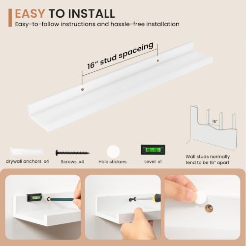 Dreamland Picture Ledge Shelf for Wall, Floating Shelves Set of 2,30 inch Long Floating Shelves with Lip for Living Room,Bedroom,Bathroom,Kitchen,White