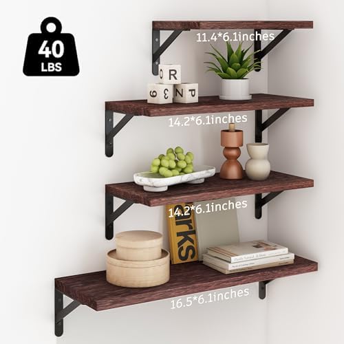 YGEOMER 4 Different Sizes Floating Shelves for Wall Decor, Walnut Red Brown