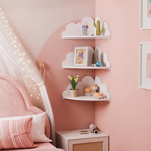 Solid Wood Cloud Floating Corner Shelves for Nursery, Set of 3 Cloud Shaped Wall Shelf, Cute Corner Shelves Wall Mounted