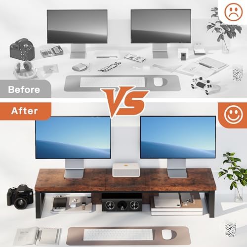 Dual Monitor Stand Riser, Wood and Steel Monitor Riser, Long Computer Monitor Stands for 2 Monitors, Desk Shelf for Comp