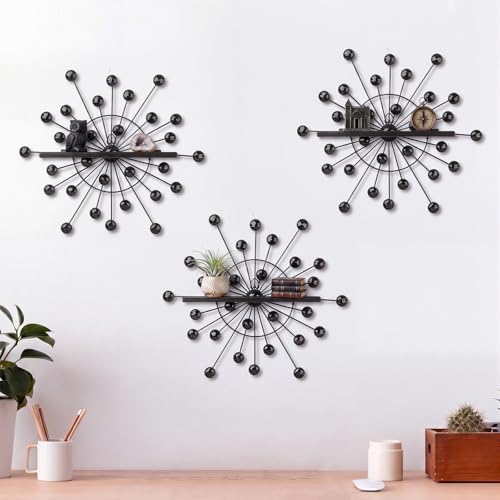 Yaocom 3 Pcs Crystal Floating Shelves, Bling Sparkle Metal Starburst Wall Decor Shelves, Black Folding Wall Mounted Stor