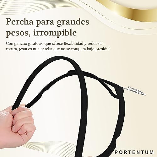 PORTENTUM Velvet Hangers, Pack of 10, Black, Accessory Holder, 360º Hook, Space Saving, Notches for Dresses, Non-Slip Hangers, for All Types of Clothes, Made in Spain