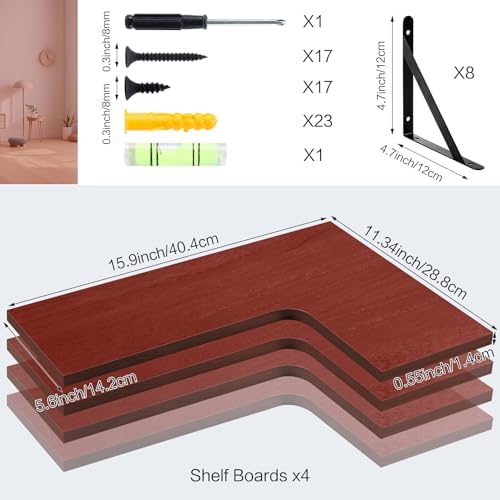Corner Floating Shelves, Set of 4, Red, 15.9 x 11.4 Inch