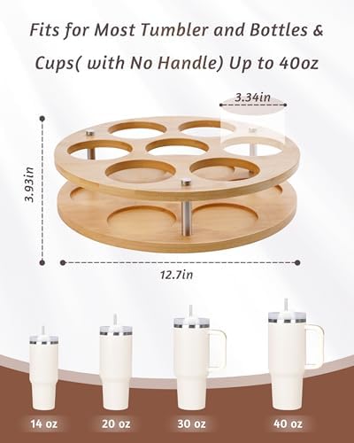 2Pack Rotating Wood Tumbler Organizer, 30 oz 40 oz Spinning Turnable Tumblers Holder, 360° Rotatable 7 Large Cups Bottle
